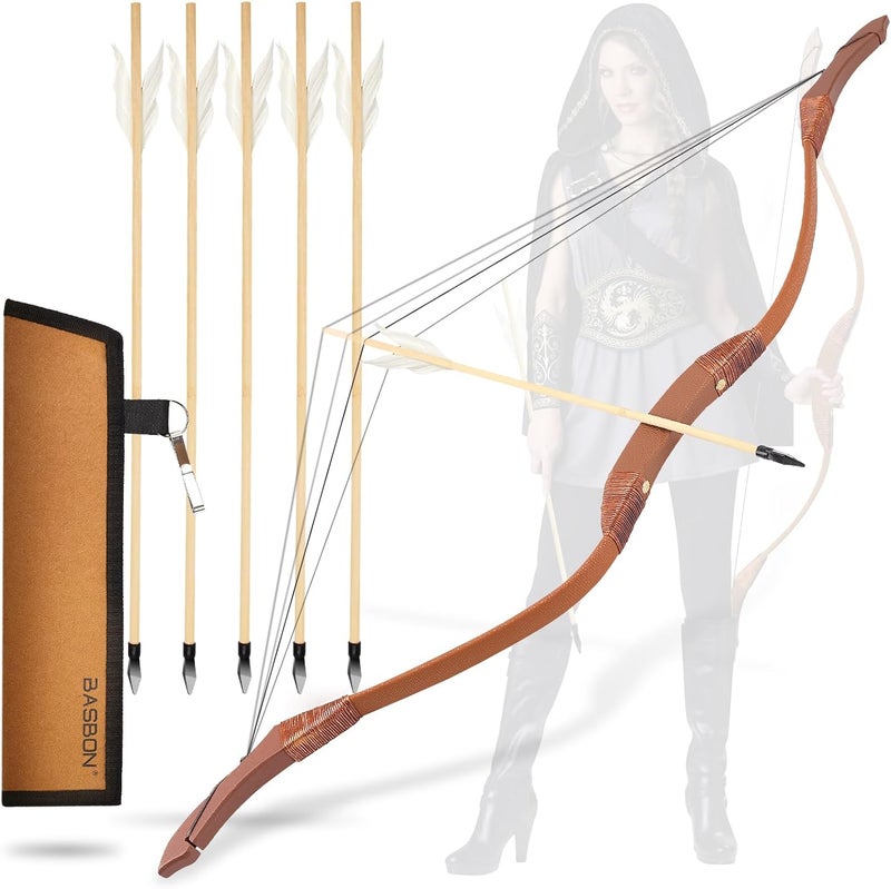 Basbon Youth Wooden Bow and Arrow Set, 40 Inch Archery Set Microfiber Leather-Wrapped, Handmade Toys Bow and Arrow Cosplay Costume Prop Games, 5 Feather Arrows (Rubber Tip), Gifts for Kids Boys Girls - Image 1